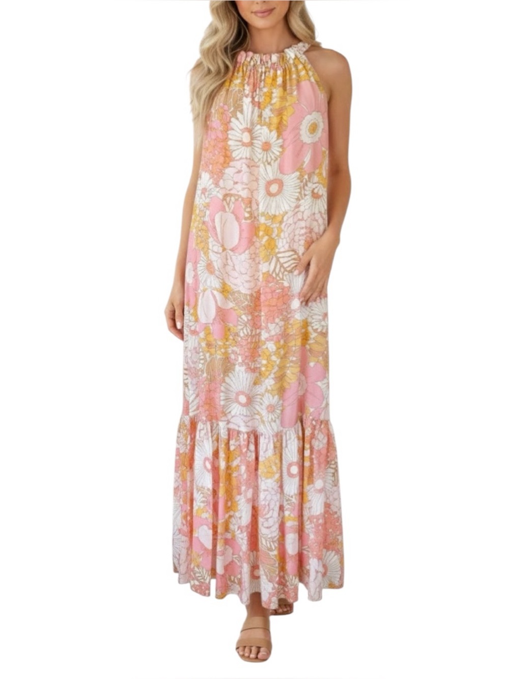 LaRoque Sullivan Silk Palm Beach Floral Pink Tiered Maxi Summer Dress Small